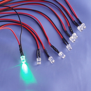 LED. GREEN. Integral 200mm leads, 5mm x 5Volt  EACH (TS0736)