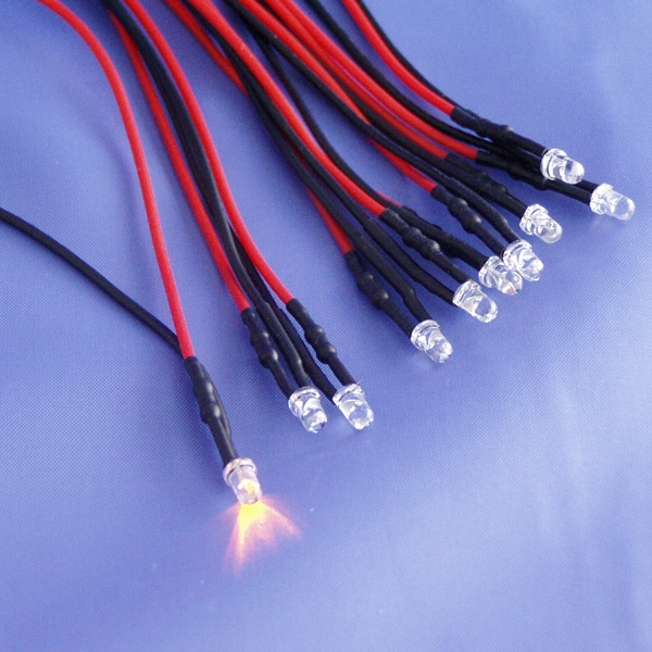 LED. AMBER/ YELLOW. Integral 200mm leads, 3mm x 5Volt  EACH (TS0735)